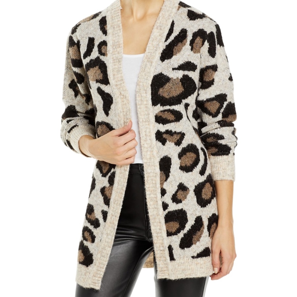 AQUA Leopard Print Open Front Cardigan Sweater XS Black Cream